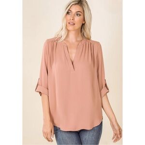 ENTRO Woven Split V Neck Hi-Low Hem Blouse Roll-Up Sleeves Peach Small